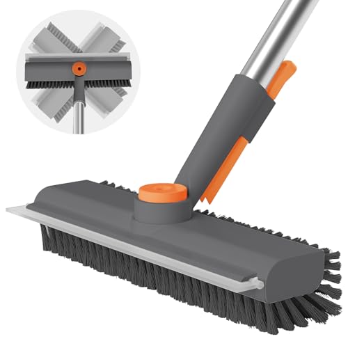Floor Scrub Brush with Long Handle, 3 in 1 Scrape and Heavy-Duty Stiff Bristle Scrubber Brush for Cleaning Shower Bathroom, Patio, Pool, Garage, Kitchen, Wall and Deck (Gray, 1 Pack)
