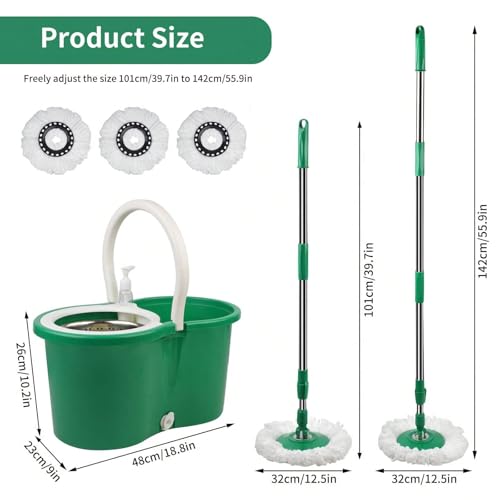 Spin Mop and Bucket with Wringer Set, 360° Spinning Mop Bucket System with 3 Microfiber Mop Replacement Heads, Adjustable Handle for Floor Cleaning (Green)