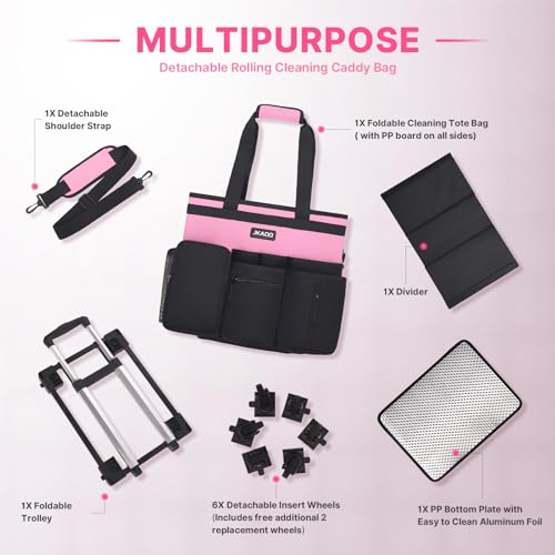 JKAOO Large Rolling Cleaning Caddy Bag with Detachable Trolley, Waterproof Cleaning Caddy on Wheels for Housekeepers, Cleaning Cart Supplies Organizer for Home,Car,Office,Picnic (Pink) (Patented)