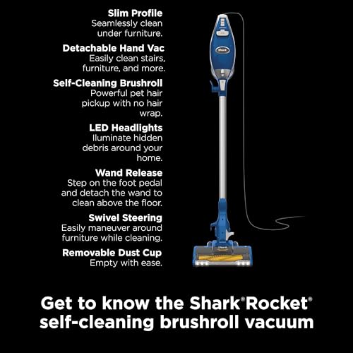 Shark HV343AMZ Rocket Corded Stick Vacuum with Self-Cleaning Brushroll, Lightweight & Maneuverable, Perfect for Pet Hair Pickup, Converts to a Hand Vacuum, Crevice Upholstery Tools, Blue/Silver