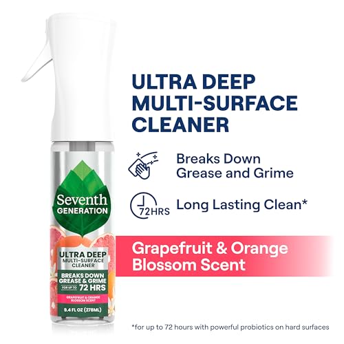 Seventh Generation Ultra Deep Probiotic Multi Surface Cleaner, 9.4 Fl Oz, Grapefruit & Orange, 80% USDA Biobased All Purpose Cleaning Spray, Breaks Down Tough Grease & Grime, Safe for Kids & Pets