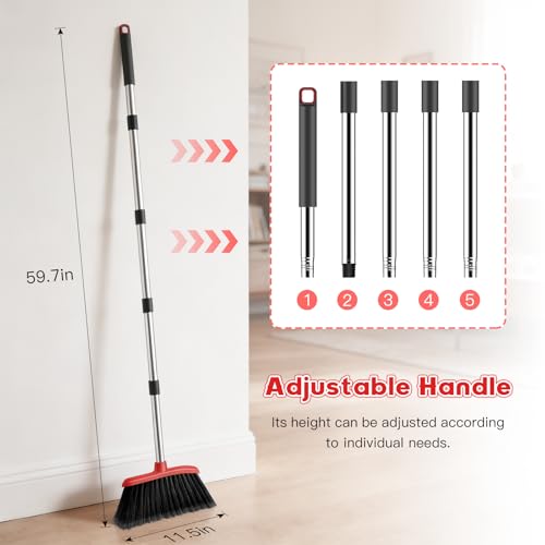 EZKEY Broom and Step-on Dustpan Set, 59-in Adjustable Long Handle Broom with Dustpan Combo Set Outdoor Angle Broom for Sweeping Indoor Dust Pet Hair for Cleaning Kitchen Garage Deck Patio, Black&Red