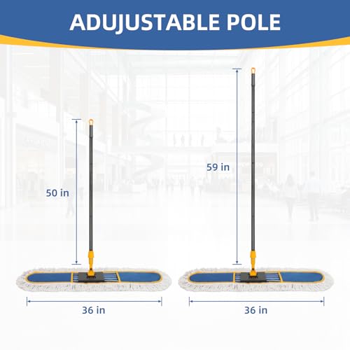 36" Commercial Dust Mop for Floor Cleaning, Heavy Duty Industrial Dry Dust Mop with 2 Mop Pads & 59" Long Handle, Professional Janitorial Cleaning Supplies for Home, Garage, Hotel, School, Gym
