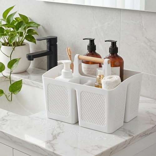 Haundry Plastic White Shower Caddy Basket with 3 Compartments, Portable Divided Bathroom Cleaning Caddy Organizer Storage Tote with Handle for Dorm, College, Room Essentials