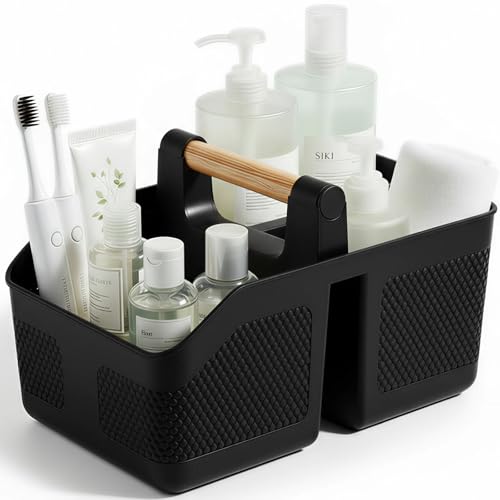 rejomiik Shower Caddy Portable with Bamboo Handle, Plastic Basket Cleaning Caddy Organizer Storage Tote for Bathroom, College, Dorm Room Essentials, Black