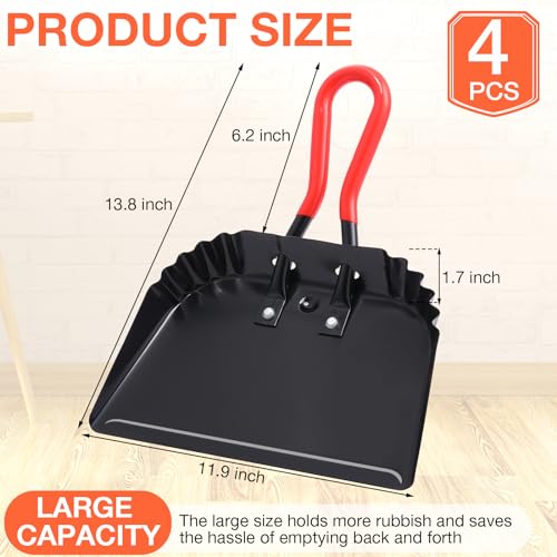 Uiifan 4 Pcs Industrial Metal Dustpans 12" Heavy Duty Dust Pan with Handle Commercial Dustpan Wide Scooper Dust and Debris Sweeping Tool Precision Edge Rubber Grip Loop Handle (Black)