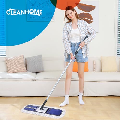 CLEANHOME 24" Commercial Dust Mop for Floor Cleaning, Heavy Duty Duster Floor Mop with 59” Extendable Long Handle,Hotel Gym Garage Hospital Household Cleaning Supplies for Hardwood,Marble Floors,Blue