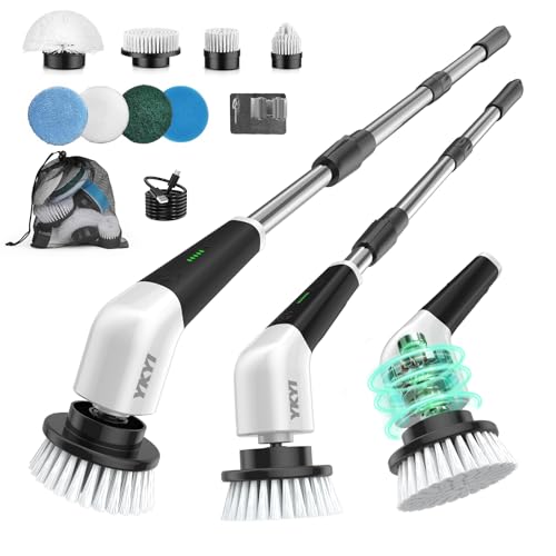 YKYI Electric Spin Scrubber, Cordless Power Scrubber Cleaning Tool with 8 Replaceable Heads and Extension Handle for Bathroom, Tub, Tile, Floor, Grout and Car (White)