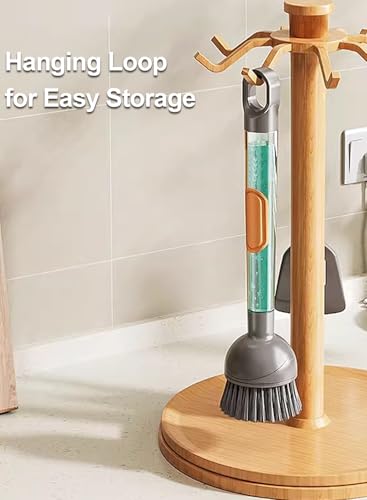 CuLiDing Soap Dispensing Dish Brush with Handle, 360° Rotating Head, 5-Piece Kitchen Cleaning Set (2 Brush Heads & 3 Sponges), Non-Scratch Scrubber for Pot, Pan, Sink, Leak-Proof Dishwand, Grey
