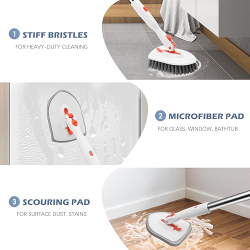 SetSail Tile Tub Scrubber Brush 3-in-1 Shower Scrubber with 52-inch Adjustable Long Handle Shower Cleaner Brush and 3 Detachable Replacement Brush Heads for Cleaning Bathroom Kitchen Walls Tub Tile