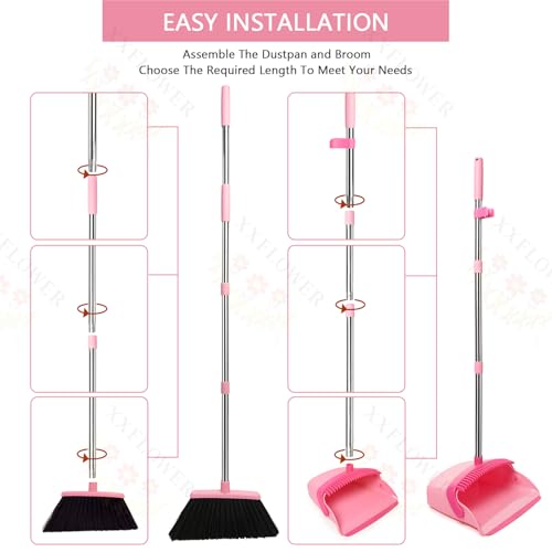 XXFLOWER Broom and Dustpan Set, Dustpans with Broom Combo for Home, Heavy Dust Broom and Dustpan Combo, Long Handle Dust Pan and Broom Set for Kitchen, Office, Pet Hair,Pink, Pack of 1