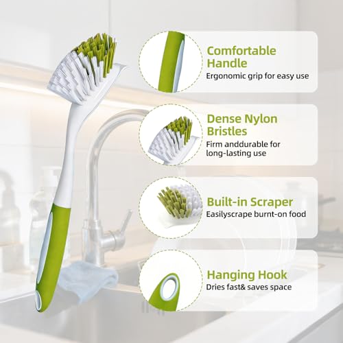 Dish Brush Scrub Brush with Handle - 3 Pack Stiff Bristles Dish Scrubber for Cleaning Dishes, Pots, Pans, Sink, Cast Iron - Hard Bristles,No Residue