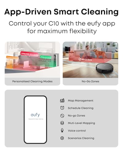 eufy C10 Robot Vacuum Self Emptying, 8 Weeks Hands Free, Advanced Smart Mapping with LiDAR Navigation, 2.85-Inch Slim Design, Powerful Suction, Edge Expansion Brush for Pet Hair, Carpet Detection