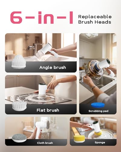 PUFTEM Shower Scrubber, Electric Spin Scrubber for Bathroom Cleaning – Cordless Shower Cleaner Brush with 6 Brush Heads, Dual-Direction Rotation, for Grout, Tile, Tub, Sink & Corners, White