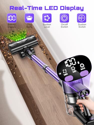 Cordless Vacuum Cleaner, 10 in 1 Stick Vacuum with Powerful Suction, Hose, Green LED Light, Anti-Tangle Brush, Lightweight Rechargeable Vacuum Cleaner for Home, Hardwood Floors,Pet Hair (Purple)