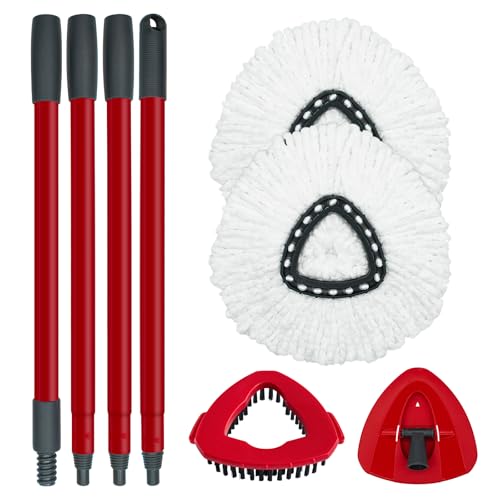 Spin Mop Replace Head, Base, Mop Handle Replacement for OCedar EasyWring 1 Tank System, Include 2 Microfiber Mop Head Replacement, 1 Sturdy Iron 30-58" Mop Handle, 1 Scrubber Head, 1 Spin Base