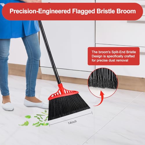 Tiumso Heavy Duty Angle Broom - 55" Adjustable Iron Handle with Stiff Bristles - Commercial-Grade Indoor/Outdoor Broom for Garage, Patio, Kitchen, Sidewalk & Concrete Cleaning (Black & Red)