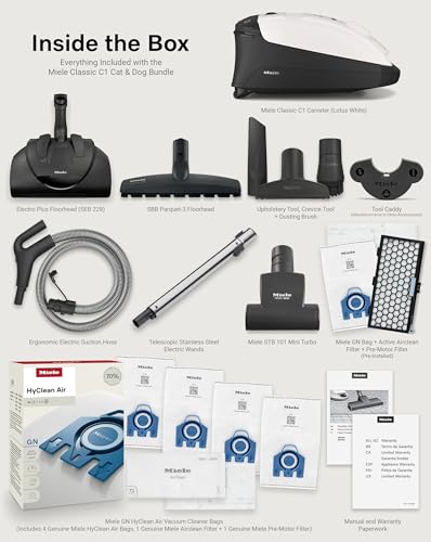 Miele Classic C1 Cat & Dog Bagged Canister Vacuum, Lotus White - Pet Hair, Portable w/ SEB228 Electro Plus Floorhead + Parquet-3 Floorhead - Includes 4 GN FilterBags + AirClean and Pre-Motor Filter