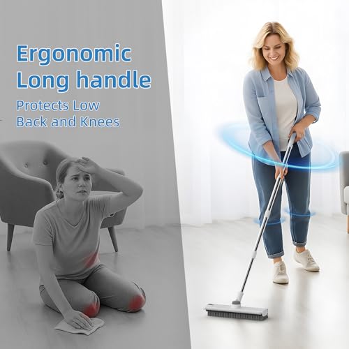 Scrub Brush with Long Handle, Floor Scrub Brush Squeegee Broom for Cleaning, 3 in 1 Shower Scrubber Floor Broom Squeegee for Concrete Tile Wall Deck Patio White
