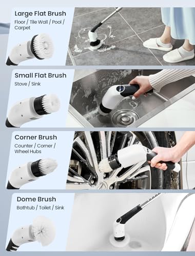 KEIMI Electric Spin Scrubber, Cordless Shower Cleaning Brush with 8 Replaceable Brush Heads, 3 Speeds, Extension Handle, Digital Display, IPX7 Power Scrubber for Bathroom, Tub, Tile and Floor