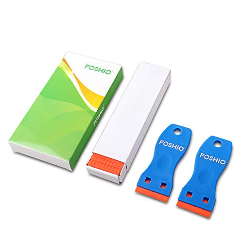FOSHIO Plastic Razor Blade Scraper Include 2PCS Scraper Tool and 100PCS Blades for Gasket Remover, Labels Decal and Adhesive Remover for Windows and Glass