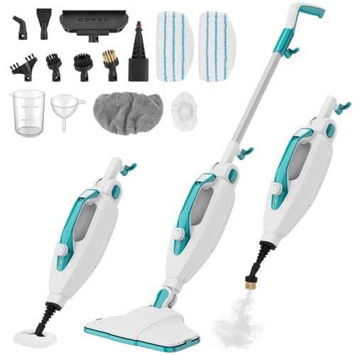 10-in-1 Steam Mop, 1550W Detachable Handheld Steam Cleaner with 350ML Tank for Floor Cleaning, 16FT Power Cable, 2 Washable Pads, Multi-Purpose Steamer for Hardwood, Carpet, Tile, Windows,Cyan