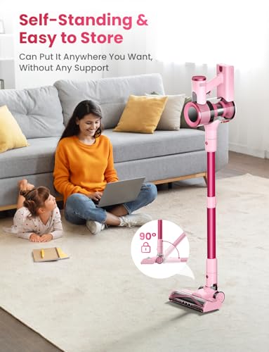 Dzaki Cordless Stick Vacuum Cleaner, 50KPa Brushless Motor Vacuum with Anti-Tangle, LED Display, 55-Min Runtime & Detachable Battery for Pet Hair, Carpet & Hardwood Floors (Cranberry)