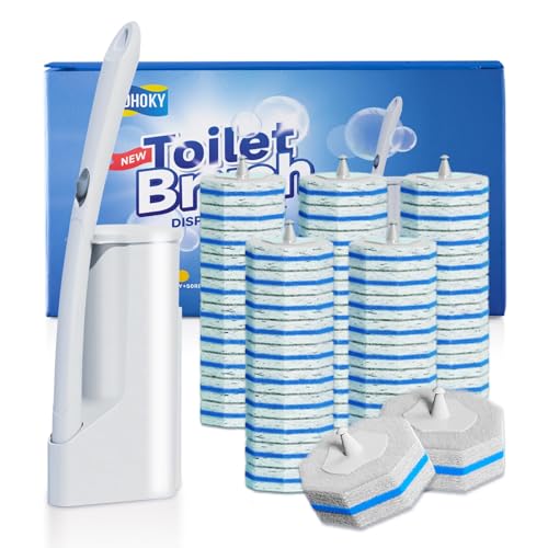 Disposable Toilet Brush Cleaning System with 50pcs Refills Pads Replacement Heads, Toilet Cleaning Stick, Wall Mounted Toliet Wand Kit Bathroom Maintenance, Toilet Bowl Cleaner Wands Holder and Set