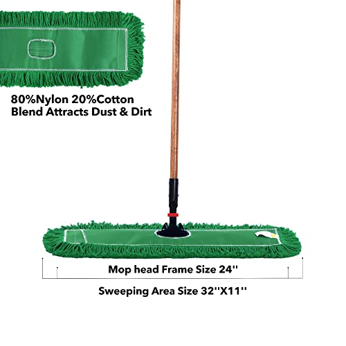 Matthew Cleaning 24'' Industrial Strength Cotton Dust Mop Refill Washable Replacement Heads for Residential & Commercial Use Fit Standard Dust Mop Frames, Hardwood,Concrete Floors Green 3 Pack