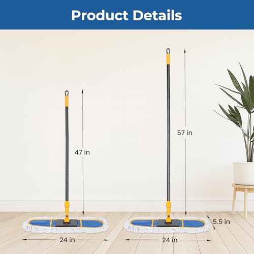 24" Dust Mop for Floor Cleaning, Large Areas Dry & Wet Mop with 2 Washable Cotton Pads, Efficiently Picks Up Pet Hair & Dust for Hardwood, Tile, Laminate, Patio