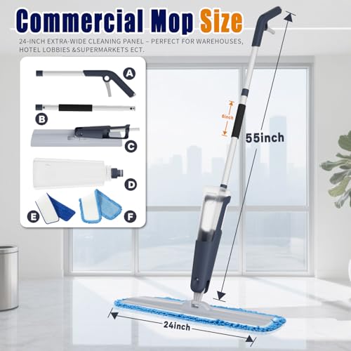 24" Dry mops for Floor Cleaning, Microfiber mop Spray System, Commercial Heavy-Duty Wet mops with 28oz Big Tank, 2 Washable Pads (Commercial Blue, 24inch-1Pack)