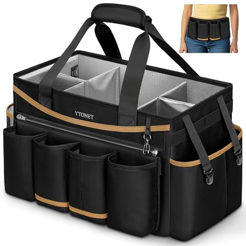 Ytonet Cleaning Caddy Bag with Detachable Apron, Extra Large Cleaning Supplies Organizer with Foldable Dividers, Portable Cleaner Tote with Handle, Cleaner Caddy for Housekeeper, Detailing Bag, Black