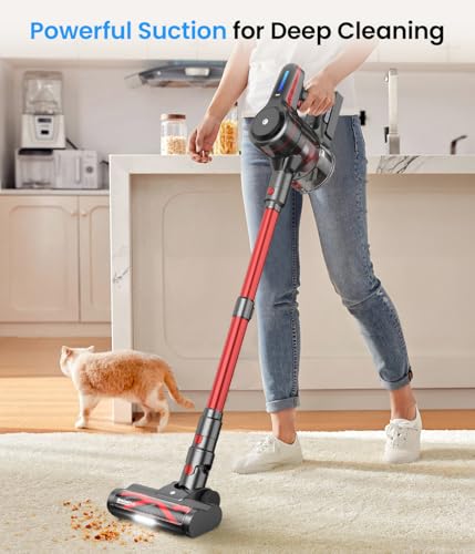 CHEBIO Lightweight Cordless Vacuum Cleaners for Home, Stick Vacuum Cordless Rechargeable with 45kPa Suction,45-Min Run,Anti-Tangle and Self-Stand, 6 in 1 Hardwood Vacuum Cleaner (red)
