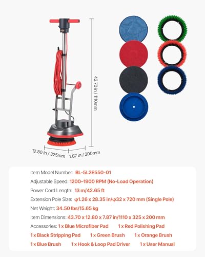 VEVOR Commercial Floor Scrubber Machine, Heavy Duty Floor Cleaner Polisher with 2 Wheels, Professional Electric Carpet Buffer, Max 1900 RPM, 43 FT Cord, 3 Pads & 3 Brushes - All Floor Surfaces