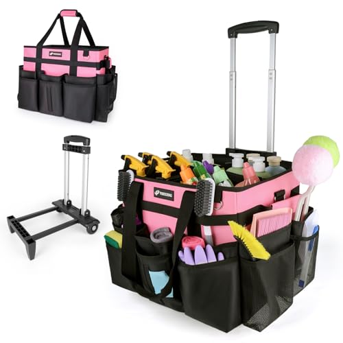 VSHXENG Large Rolling Cleaning Caddy Bag with Wheels, with Detachable Trolley, Cleaning Bags on Wheels for Housekeepers, Cleaning Cart Supplies Organizer for Home, Car, Picnic (Pink)