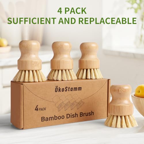 ÖkoStamm 4 Pack Bamboo Dish Brush, Dish Scrubber Brush with Sisal Bristle, Natural Scrub Brush for Kitchen Cleaning Dishes, Pots, Pans, Bottles, Vegetables
