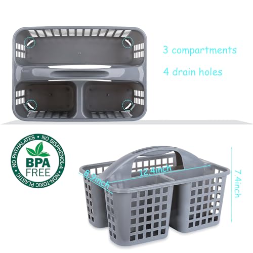 JiatuA Portable Shower Caddy Basket with Compartments Cleaning Supplies Organizer with Handle Plastic Storage Divided Tool Bin for Bathroom, Bedroom, Kitchen, College Dorm, Garden, Under Sink, Grey