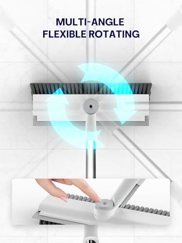 HelpX Floor Scrub Brush with Long Handle, 3 in 1 Scrape and Heavy-Duty Stiff Bristle Floor Scrubber Brush with Squeegee and Tweezer for Cleaning Tile Wall Deck Bathroom Patio Garage Kitchen (White)