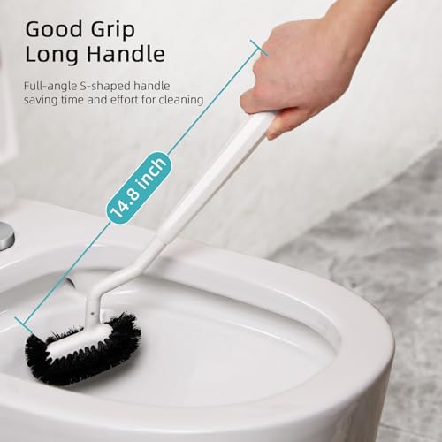 HAMITOR Toilet Bowl Brush Holder Set: Bathroom Deep Cleaning Toilet Cleaner Scrubber Under Rim with Curved Bristle for Dead Corner Clean - Hidden Rv Toilet Decorative Accessories with Caddy- White