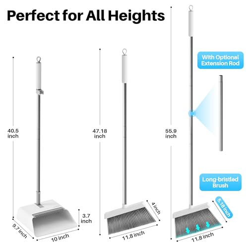 JOYMOOP White Broom and Dustpan Set, Upright Angle Design with Built-in Comb Teeth for Kitchen, Office, Pet Hair, Hard Floors