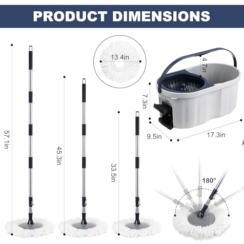 Spin Mop and Bucket Set 180° Swivel Mop Head Adjustable Telescopic Handle Dual Chamber Bucket 3 Refills Dual-Action Wringing Hand-Press Foot-Peda Hands-Free Self-Cleaning System for All Floor Types