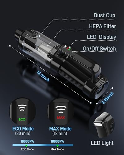 Leucher Handheld Vacuum Cordless, 18000PA Strong Suction Car Vacuum Cleaner Portable with Brushless Motor & LED Light, Hand Vacuum with Multi-Nozzles & Washable Filter for Home Office, Car, Pets