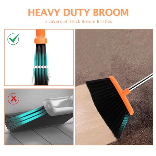 XXFLOWER Broom and Dustpan Set,Dustpans with Broom Combo for Home,Heavy Dust Broom and Dustpan Combo,Long Handle Dust Pan and Broom Set for Kitchen Office,Pet Hair(Brown Orange)