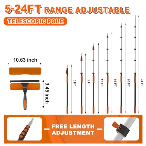 SISUPASSIE 30FT Reach 2-in-1 Window Squeegee, Professional Window Washing Kit with 5-24FT Extension Pole for Home, Indoor Outdoor Squeegee with Rotatable Head for High Windows