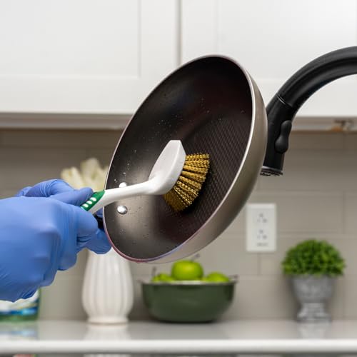 Libman Brass Brush Pot Scrubber - Metal Wire Brass Pot Brush - 3 Pk Wire Scrub Brushes with Pot & Pan Scraper for Cleaning Grills, Skillets, Oven Racks