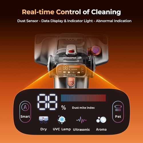 JIGOO T600 Bed Vacuum Cleaner with UV-C Light, 15Kpa Suction 700W Powerful Double Cup Handheld Vacuums, Mattress Vacuum Cleaner with Smart Dust Sensor, Ultrasonic & Heating Tech, HEPA Filter - Corded