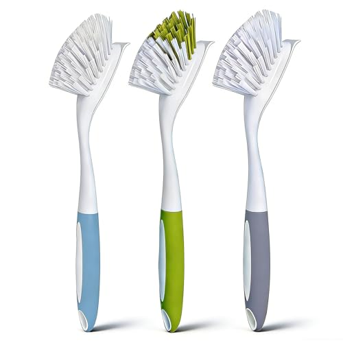 Dish Brush Scrub Brush with Handle - 3 Pack Stiff Bristles Dish Scrubber for Cleaning Dishes, Pots, Pans, Sink, Cast Iron - Hard Bristles,No Residue