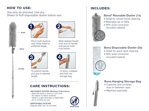 Bona High Performance Dusting System - 1 Extendable Handle, 3 Disposable Dusters, 1 Reusable Duster, & 1 Storage Bag - Extendable Dusting Kit