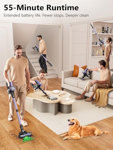 Cordless Vacuum Cleaner, 55KPa/500W Stick Vacuum with 55 Mins Runtime, Self-Standing Vacuum Cleaner for Home, LED Display, Anti-Tangle Brush, Rechargeable Vacuum for Hardwood Floor, Pet Hair (Purple)