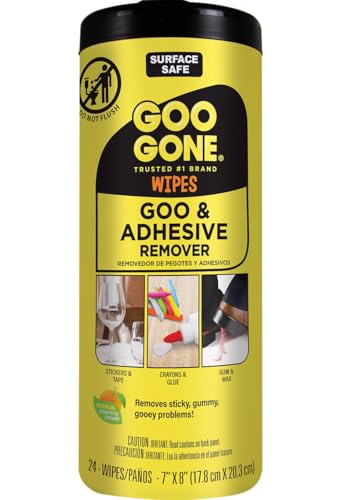 Goo Gone Clean Up Wipes Adhesive Remover - 24 Count - Removes Adhesive Residue Labels Stickers Crayon Tree Sap Gum Masking Tape Glue and More